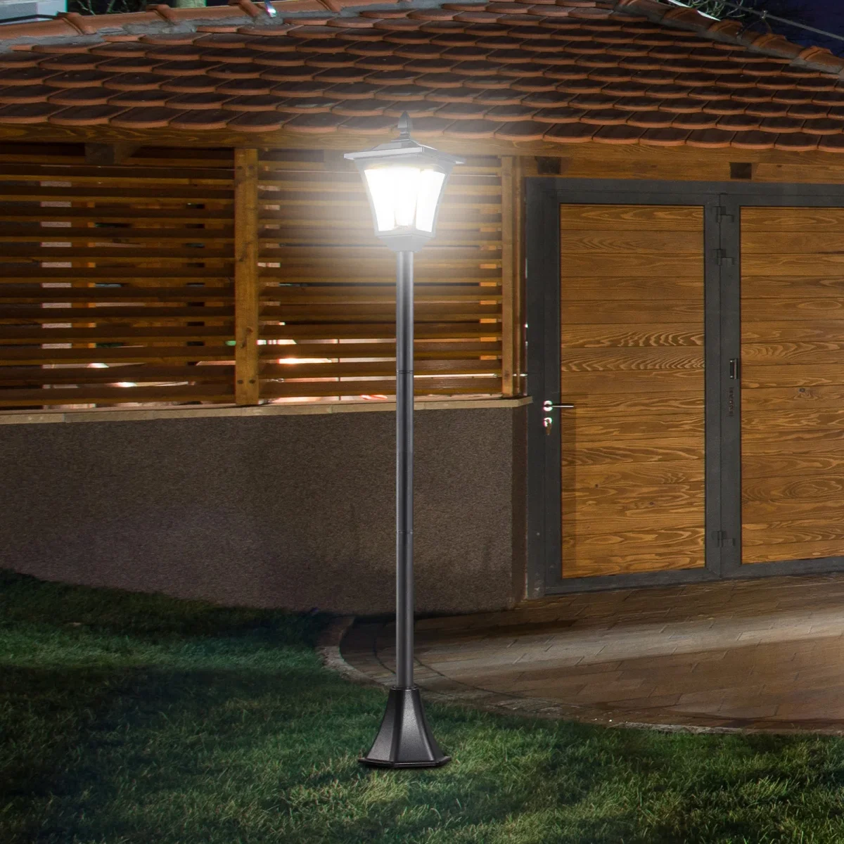 Outsunny LED Solhave lampe, Stående lampe i rustfrit stål, 160 cm høj, Lanterne, Udendørslampe, IP44, Solcellelampe med lyssensor, 30 Lumen, Jordspyd, Have lampe til have og balkon, sort - Billede 3